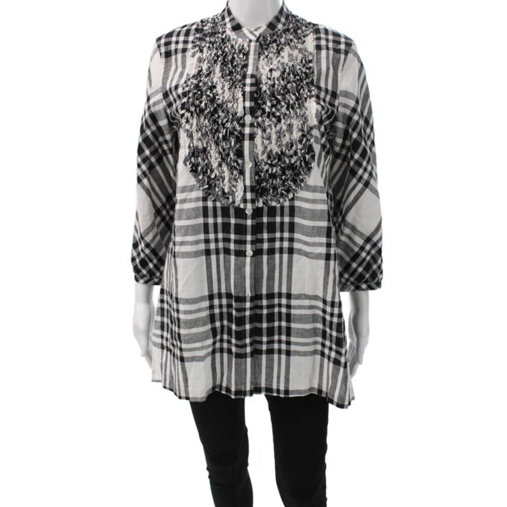Paper White Womens Black Linen Plaid Collared Tunic Button Up 3/4 Sleeve Size 6